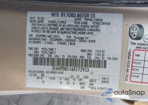 2006 Ford Fusion Sel z USA, uszkodzony, nr VIN 3FAHP08116R172953